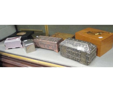 A cigar box inlaid with a frog, together with an Art Deco style pipe box, an Arts and Crafts style box and five various other