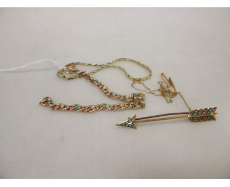 A yellow precious metal bracelet stamped '14' (7.9g), an unmarked yellow precious metal bracelet set with turquoise and pearl