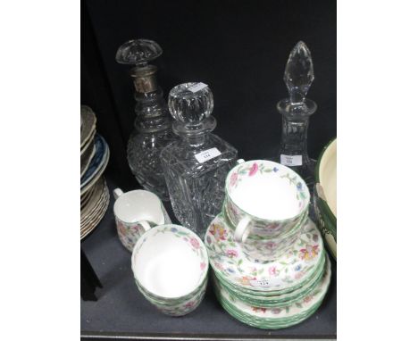 A silver mounted cut glass decanter, and two other modern cut glass decanters; with a Minton Haddon Hall pattern teaset  