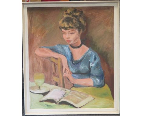 Circle of John Strevens (British, 20th Century) Portrait of a girl in blue with a black choker, reading a book oil on board 6