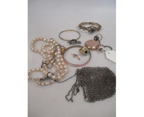 A full hoop white hardstone eternity ring (stones missing), a two strand pearl necklace, a pink enamel bangle, a 15ct bar bro