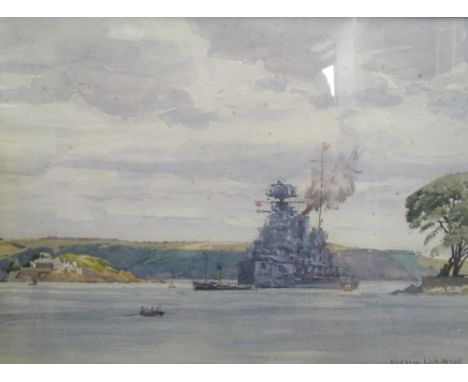 Norman Wilkinson, warship, watercolour, signed lower right 31 x 50cm  