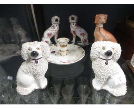 Two pairs of Staffordshire dogs, a Worcester porcelain chamberstick and another dog (6)  