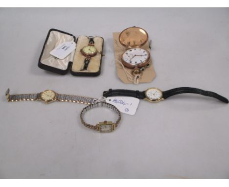 A 9ct full hunter pocket watch by J W Benson and a lady's 9ct cased wristwatch with black leather cord strap, two Rotary wris