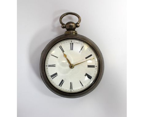 A William IV silver pair cased pocket watch, the white enamel dial printed with Roman numerals, the verge movement unsigned b