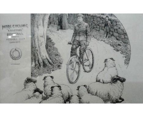 A humorous black and white print depicting a cyclist 