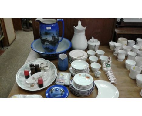 A quantity of various china to include a wash jug and bowl; various teaware; enamel items etc.