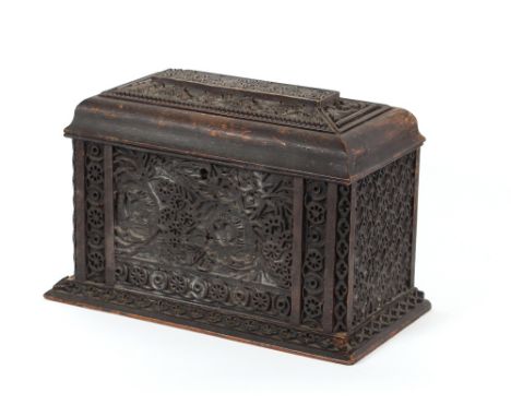 A carved Indian two compartment tea caddy