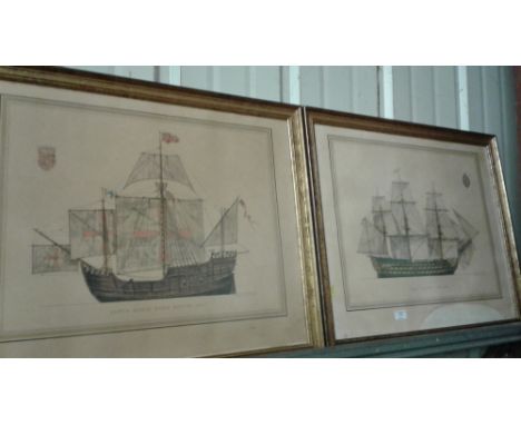 A pair of gilt framed coloured print of ships