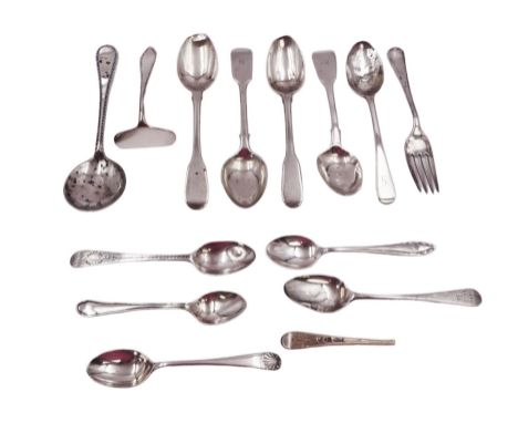 Group of Georgian and later silver flatware, to include teaspoons, fork and pusher, of varying styles, all hallmarked Conditi