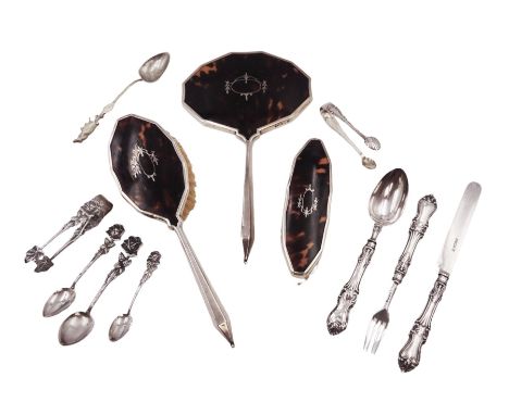 1920s century silver and tortoiseshell mounted three piece dressing table set, comprising handheld mirror, hair brush and clo