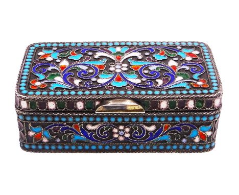 Early 20th century Russian silver trinket box, of rectangular form with rounded corners, decorated throughout with cloissone 