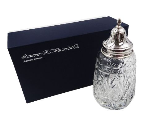 Modern silver mounted crystal sugar caster, the crystal body with hobnail cut decoration, with silver pierced domed lid, hall