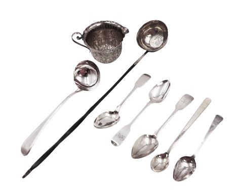 Group of silver, comprising George III silver Old English pattern sauce ladle, with engraved crest, hallmarked George Smith (