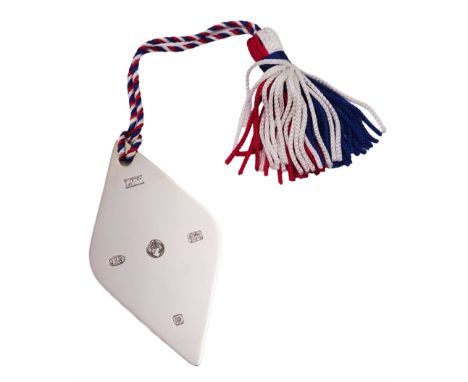 Modern silver bookmark, of diamond form, commemorating the Queen's Diamond Jubilee, with decorative hallmark and red, white a