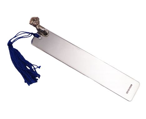 Modern silver bookmark, with bookworm to top right corner and blue tassel, hallmarked A J Poole, Birmingham 2013, L11cmCondit