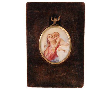 A 19th Century oval MINIATURE PORTRAIT on Ivory depicting a young mother and child - gilt frame with easel stand 5cm by 4cm