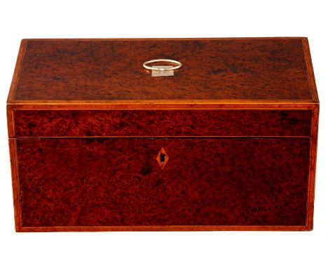 A George III box wood and ebony strung burr Yew wood TEA CADDY with oval silver handle to the top and fitted interior having 