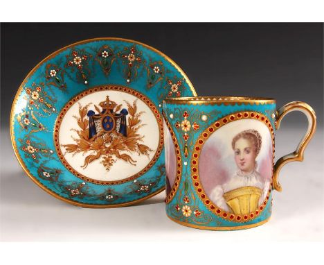 An 18th Century Sevres triple&nbsp;portrait CABINET CUP and deep SAUCER gilt edged and turquoise ground with fine jewelled fl