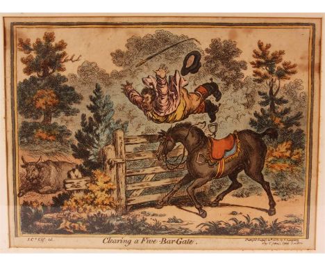 An early 19th century humorous coloured PRINT titled "Clearing a Five - Bar - Gate" London published 1805 by H. Humphrey 27cm