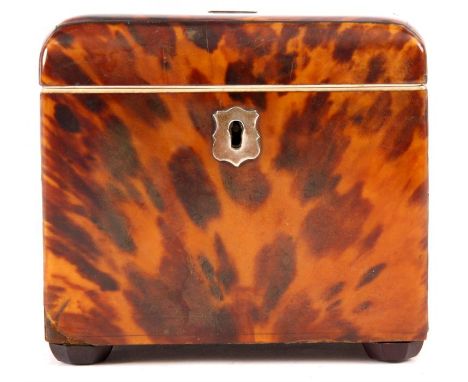 An early Victorian Tortoiseshell and Ivory banded rectangular TEA CADDY with pewter string inlays, lidded interior and lined 