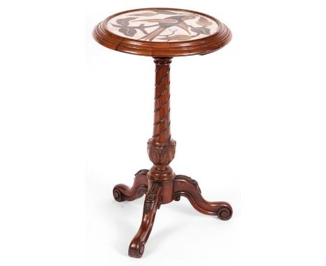 A late 19th Century Walnut and Pietra Dura small CENTRE TABLE the moulded edge top enclosing a coloured bird and branch work 