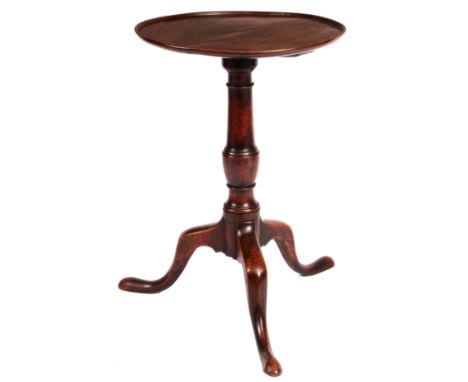 A George III Mahogany OCCASIONAL TABLE with figured dished top on a turned vase shaped stem and cabriole tripod base 48cm dia