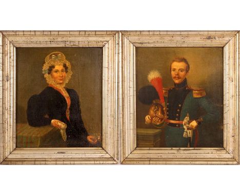 A pair of early 19th Century Continental OILS ON PANELHalf length standing Portrait of an Officer and a seated Portrait of a 