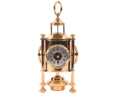 An unusual late 19th Century French Gilt Brass triple dial DAVY LAMP DESK CLOCK with inset compass to the top. The spring dri