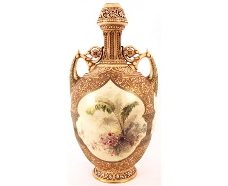 An impressive 19th Century Worcester Persian style large oval two-handled VASE with slender neck, the panelled ivory ground b