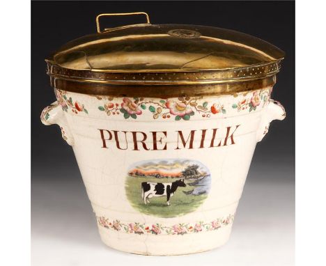 An unusual late 19th Century Ceramic PURE MILK PALE of two handled bound tapering form with floral borders and hinged brass c