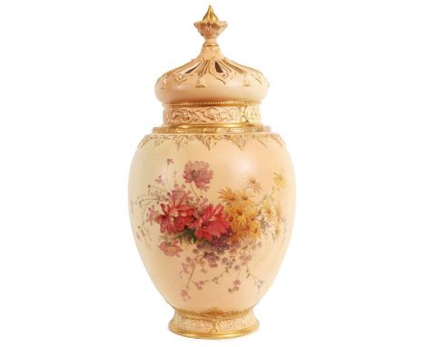 An impressive Royal Worcester large gilt and panelled relief moulded Blushed Ivory POT POURRI JAR with coronet Cover and inne