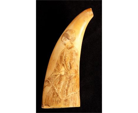 An early 19th Century Whale tooth SCRIMSHAW finely&nbsp;worked with a&nbsp;portrait of a young lady 12cm overall