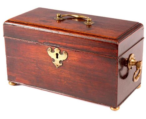 An early George III rectangular Mahogany TEA CADDY fitted brass side handles and folding handle to the lid enclosing a triple