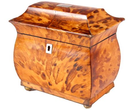 An early Victorian blond Tortoiseshell sarcophagus TEA CADDY with silver wire inlays and pagoda top lid with a monogrammed si