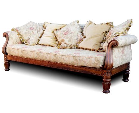 A good late Regency Rosewood upholstered SETTEE with loose cushion in the manner of Gillows with scrolled arm supports and pa