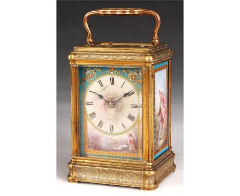 DROCOURT No 11598A fine late 19th Century French fully engraved Brass gorge case PORCELAIN PANELLED CARRIAGE CLOCK REPEATER s