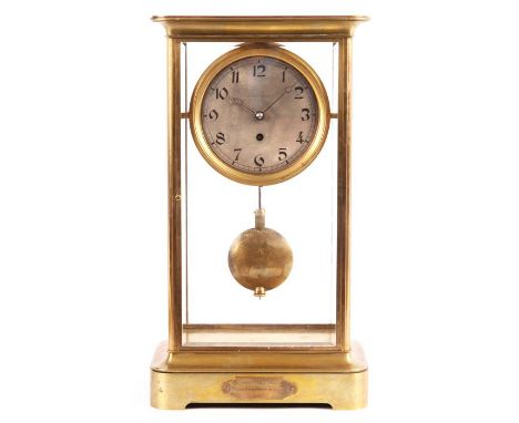 ECOLE D&rsquo; HORLOGERIE DE PARISA George V giant FOUR GLASS Brass MANTEL CLOCK the silvered dial with Arabc chapter ring fr