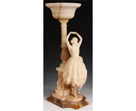 A late 19th Century French Alabaster TABLE LAMP with bowed front and carved figure of a young dancing girl in front of a wing