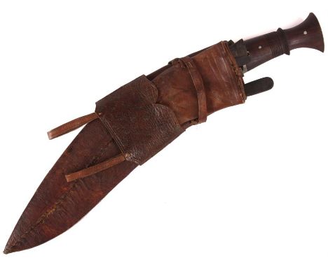 A 19th Century Nepalese MACHETTI with leaf engraved Steel blade and riveted Rosewood handle - with four further paring TOOLS 