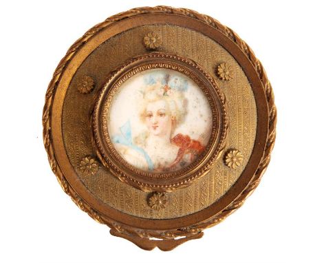 A 19th Century French Gilt Brass circular&nbsp;JEWELLERY BOX of decorative form with circular painted MINIATURE BUST PORTRAIT