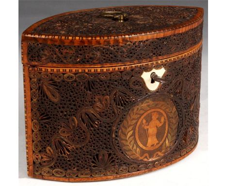 A good George III Mahogany edged and chequer band strung Scrolled Paper&nbsp;elliptical-shaped TEA CADDY with axe drop&nbsp;h