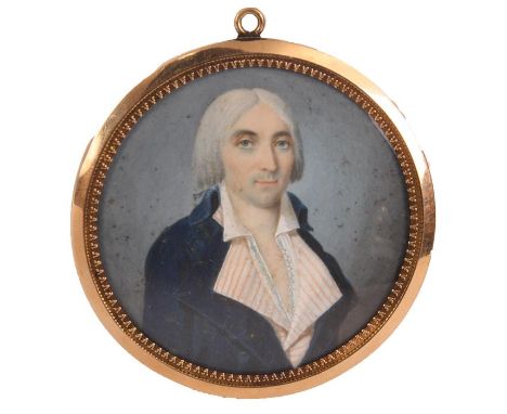 An early 19th Century circular half length PORTRAIT on Ivory of a late Georgian gentlemen wearing a blue coat, fine Gold fram