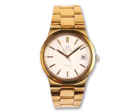 Vintage gold plated Omega Geneve, automatic WRISTWATCH having gold baton numerals, sweeping seconds hand and calendar apertur