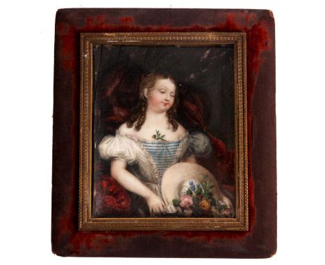 A 19th Century seated&nbsp;half length PORTRAIT on Ivory of a&nbsp;young Girl holding a floral bouquet, worn red velvet frame