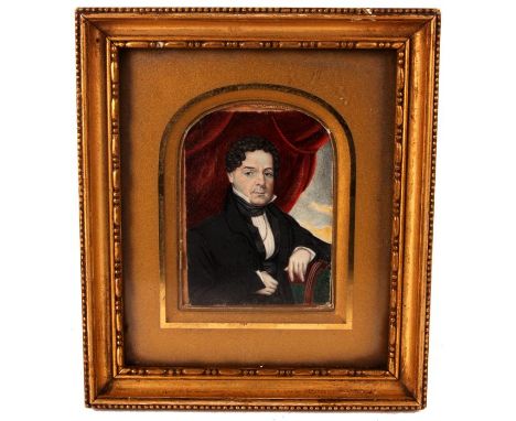 A 19th Century seated PORTRAIT on Ivory of a gentleman&nbsp;9cm by 7cm - glazed gilt frame with arched slip