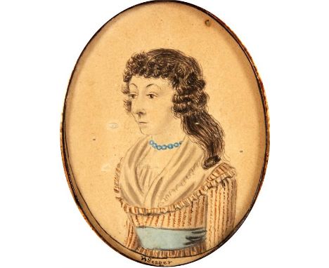 H. SEAGER&nbsp;an early 19th Century half length painted PORTRAIT OF A YOUNG LADY oval embossed and moulded brass fronted fra