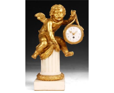 A late 19th century Ormulo and White&nbsp;Marble&nbsp;French MANTEL CLOCK&nbsp;with pillar support and seated cherub suspendi