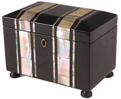 An early Victorian black Japanned and Mother of Pearl banded rectangular TEA CADDY with lidded divided interior and turned fe