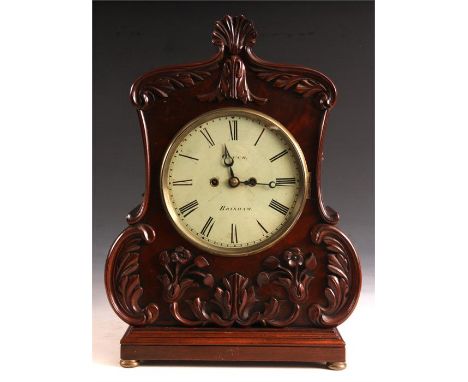 An Early Victorian flame veneered Mahogany 8 day BRACKET CLOCK, with ornate shaped case and applied leaf and flower head carv